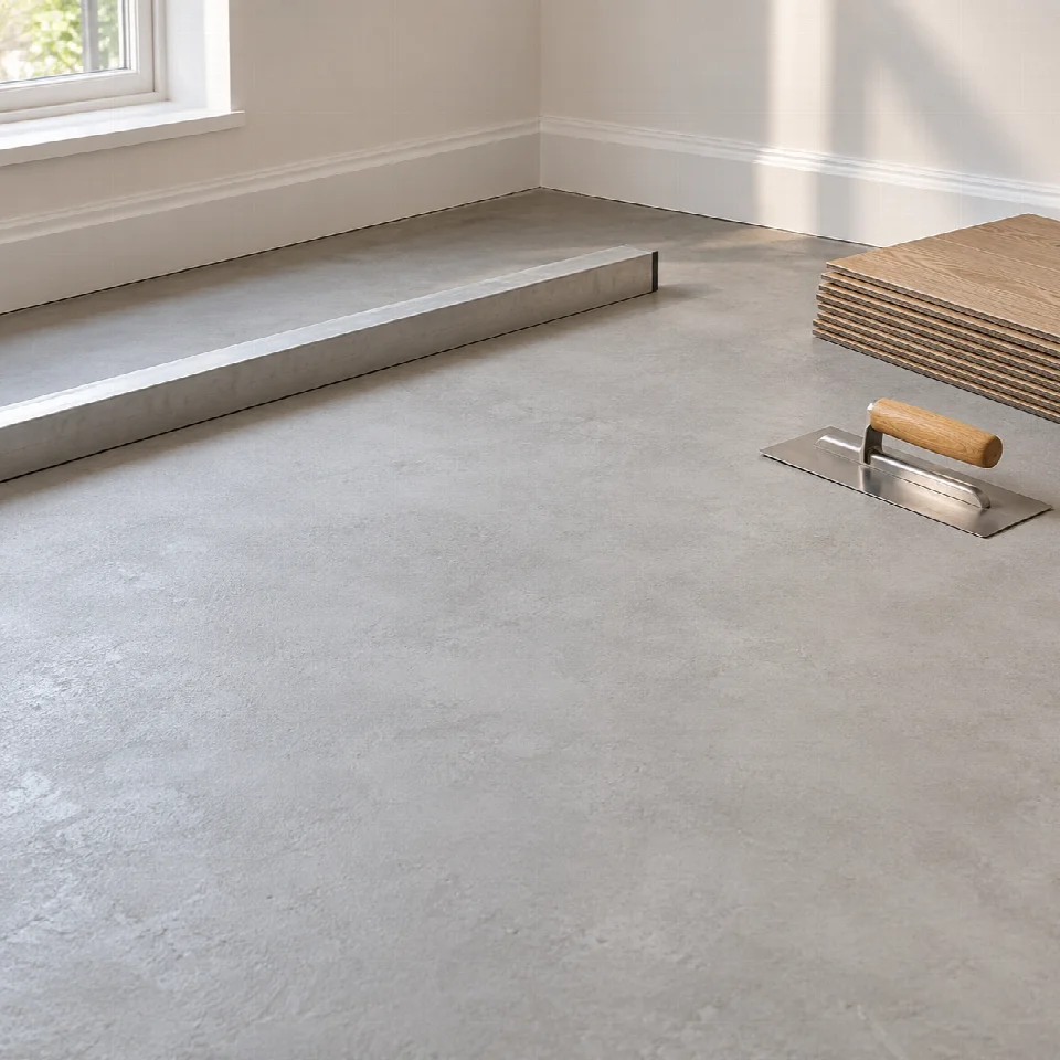 Illustrative prepared subfloor with a straightedge and finishing trowel