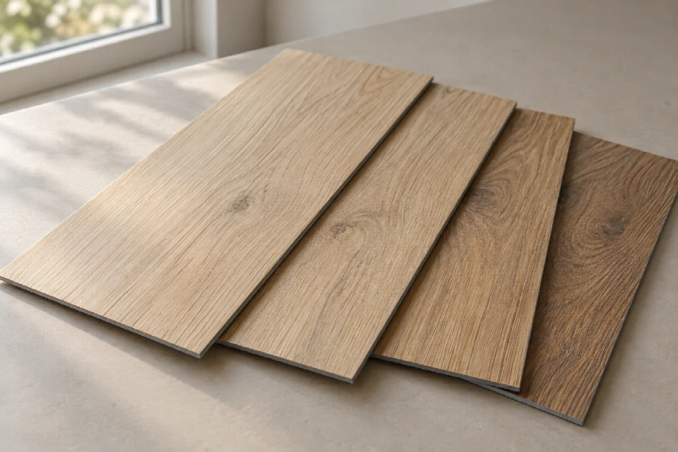Illustrative wood-effect vinyl sample planks arranged for comparison
