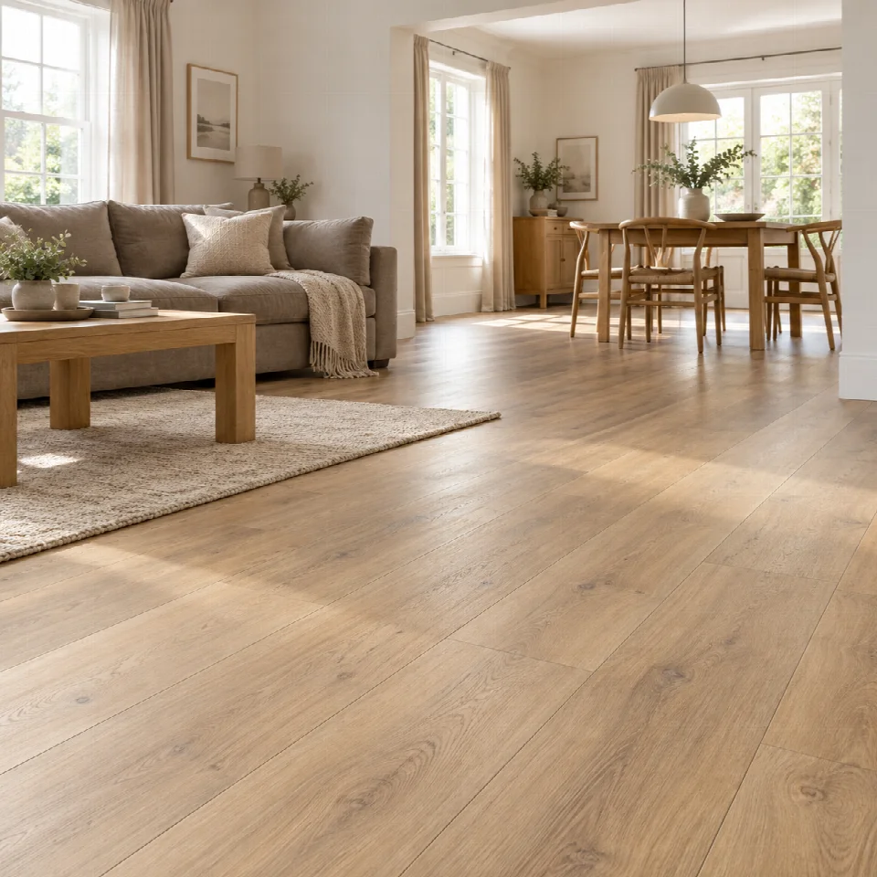Illustrative living and dining room with oak-effect LVT flooring