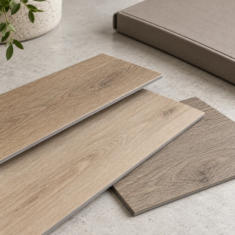 Illustrative thin wood-effect vinyl flooring samples showing their surfaces and edges