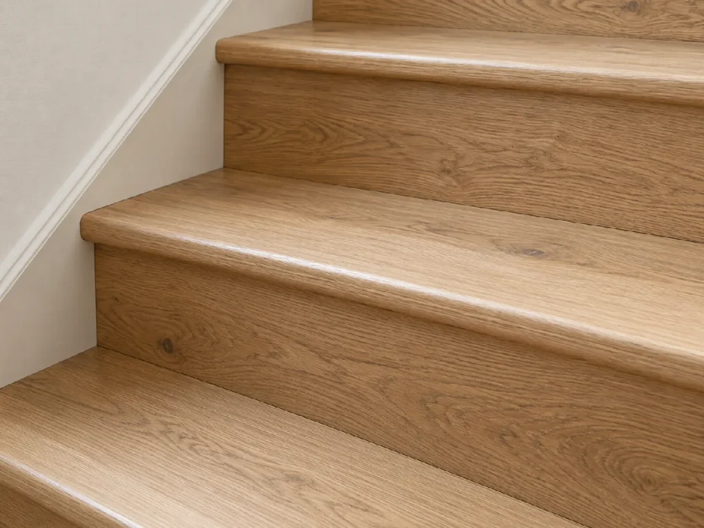 Illustrative close-up of oak stair treads, closed risers and neatly finished nosings