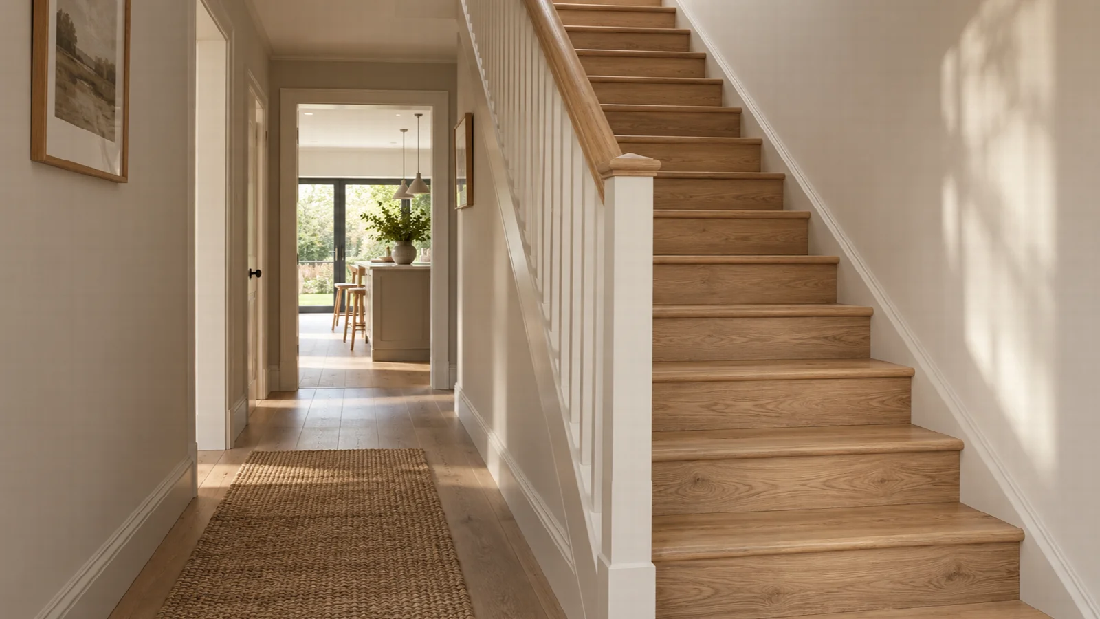 Oak-clad staircase with closed risers and a timber handrail in an illustrative home interior