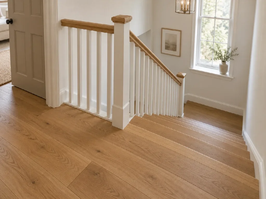 Illustrative oak stair and landing transition beside a painted timber balustrade