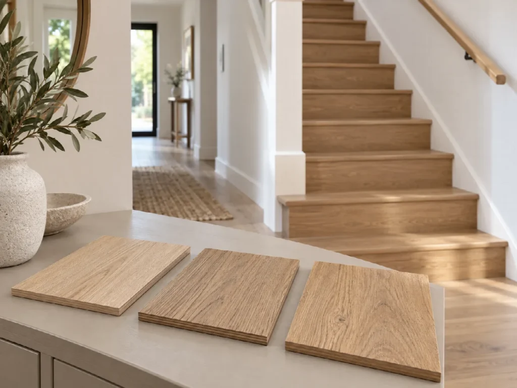 Illustrative oak finish samples with an oak-clad staircase in the background