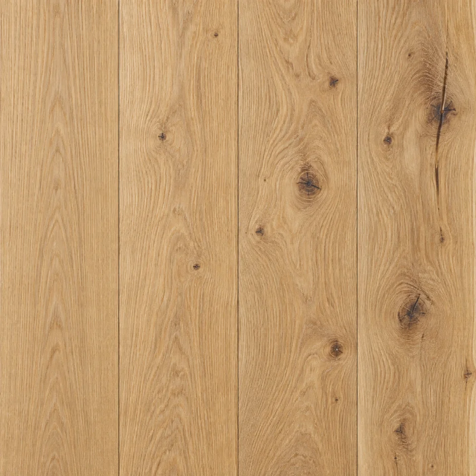 Four illustrative oak boards, left to right: Prime, Nature, Character and Rustic, with increasing knots and a slim filled crack in the Rustic board