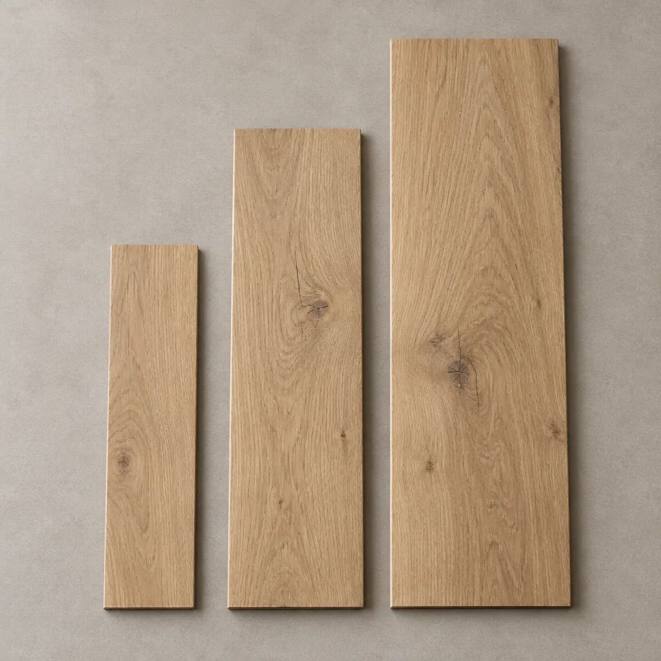 Illustrative oak boards of different widths and lengths arranged side by side