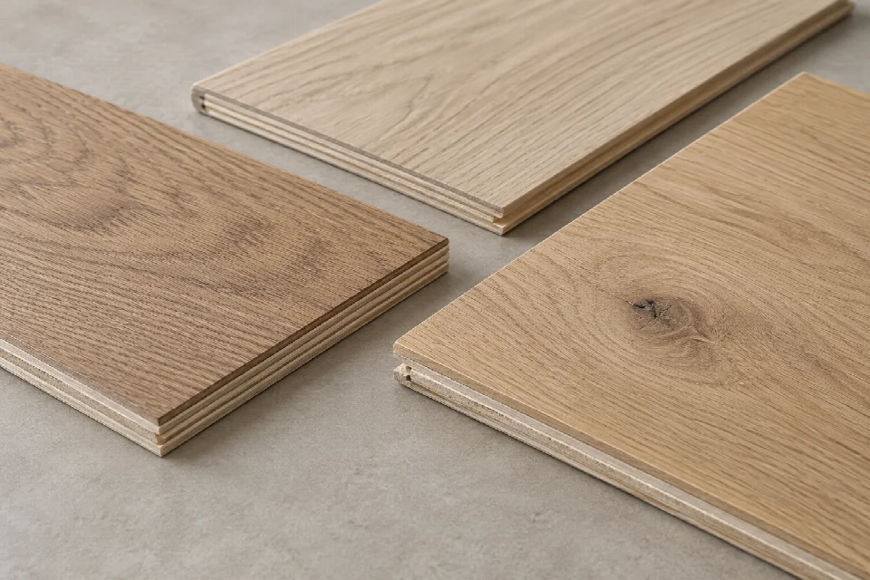 Illustrative engineered oak samples with a timber surface and layered backing visible at one edge