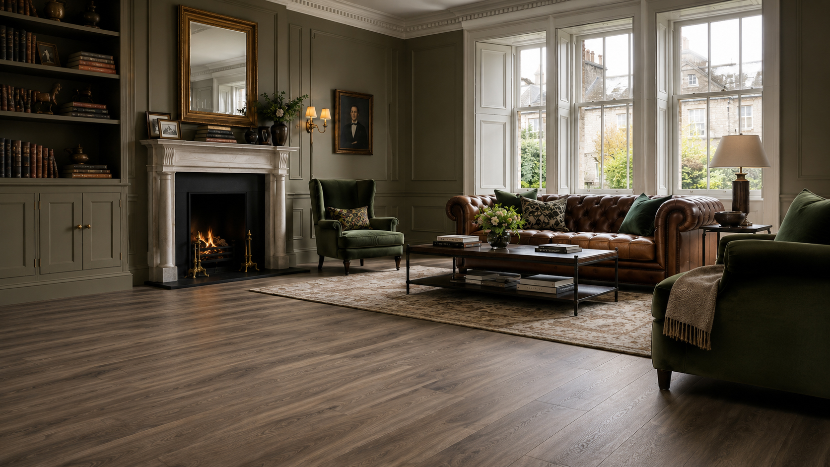 A furnished interior with wood-effect LVT flooring